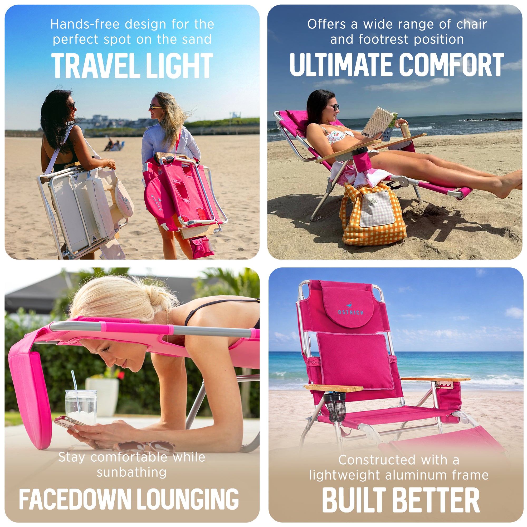 Ostrich Deluxe Padded 3-N-1 Outdoor Lounge Reclining Beach Chair, Pink (Used)