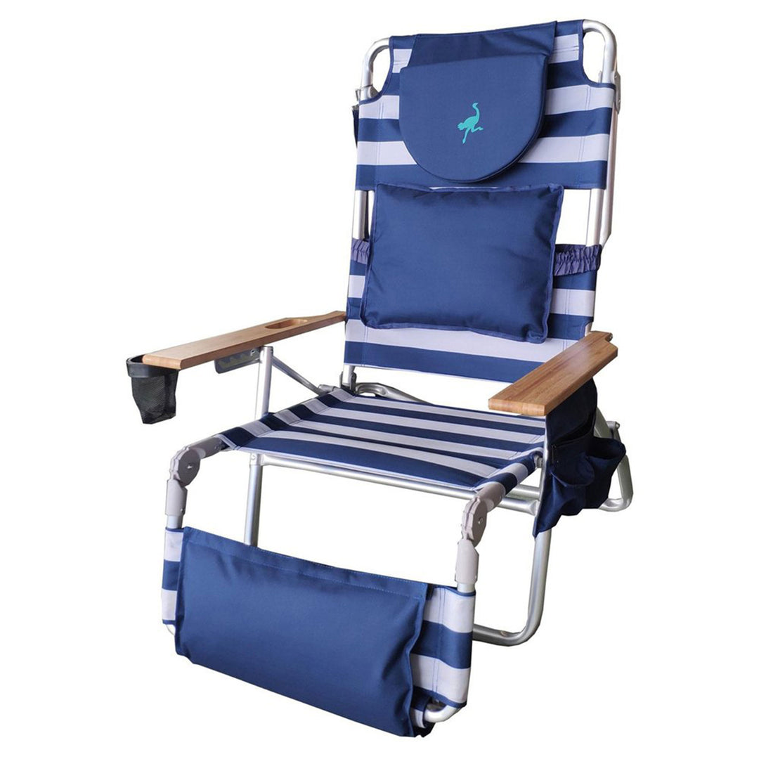 Ostrich Deluxe 3N1 Outdoor Lawn Beach Lounge Chair with Footrest, Blue Stripe