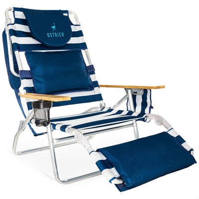 Ostrich Deluxe Padded 3-N-1 Lounge Reclining Beach Chair, Striped Blue (Damaged)