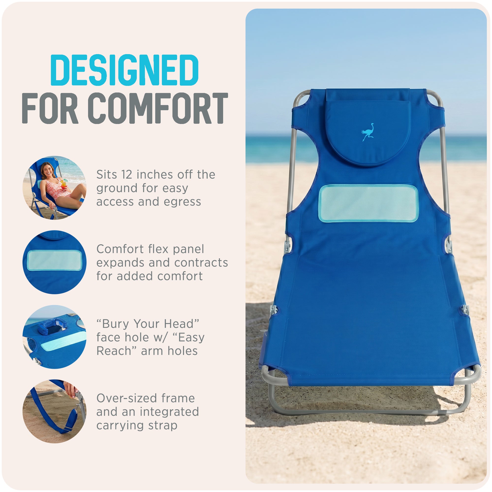 Ostrich Ladies Comfort Lounger, Beach Camping Pool Tanning Chair, Blue(Open Box)