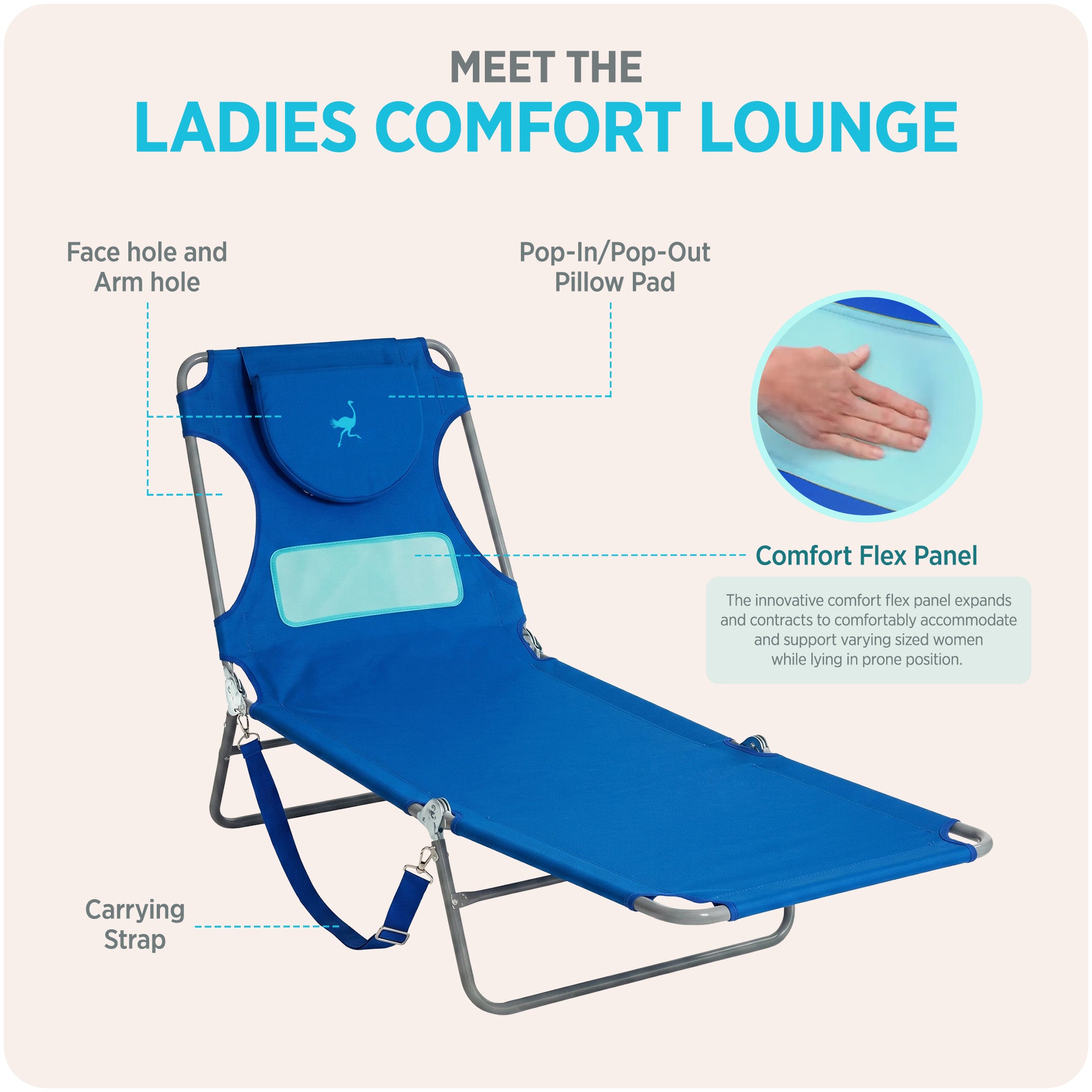Ostrich Comfort Lounger Face Down Sunbathing Chaise Lounge Beach Chair (Damaged)