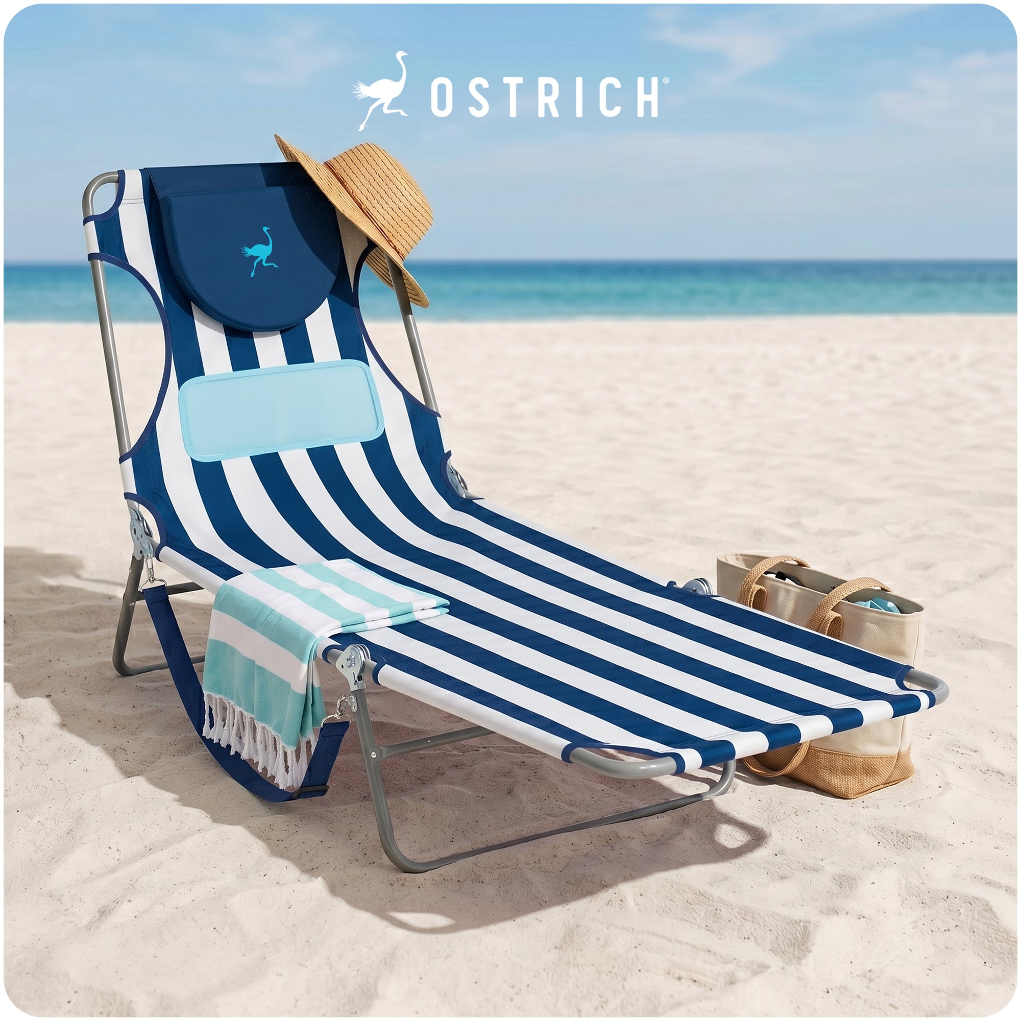 Ostrich Comfort Lounger Face Down Chaise Lounge Beach Chair, Stripes (For Parts)