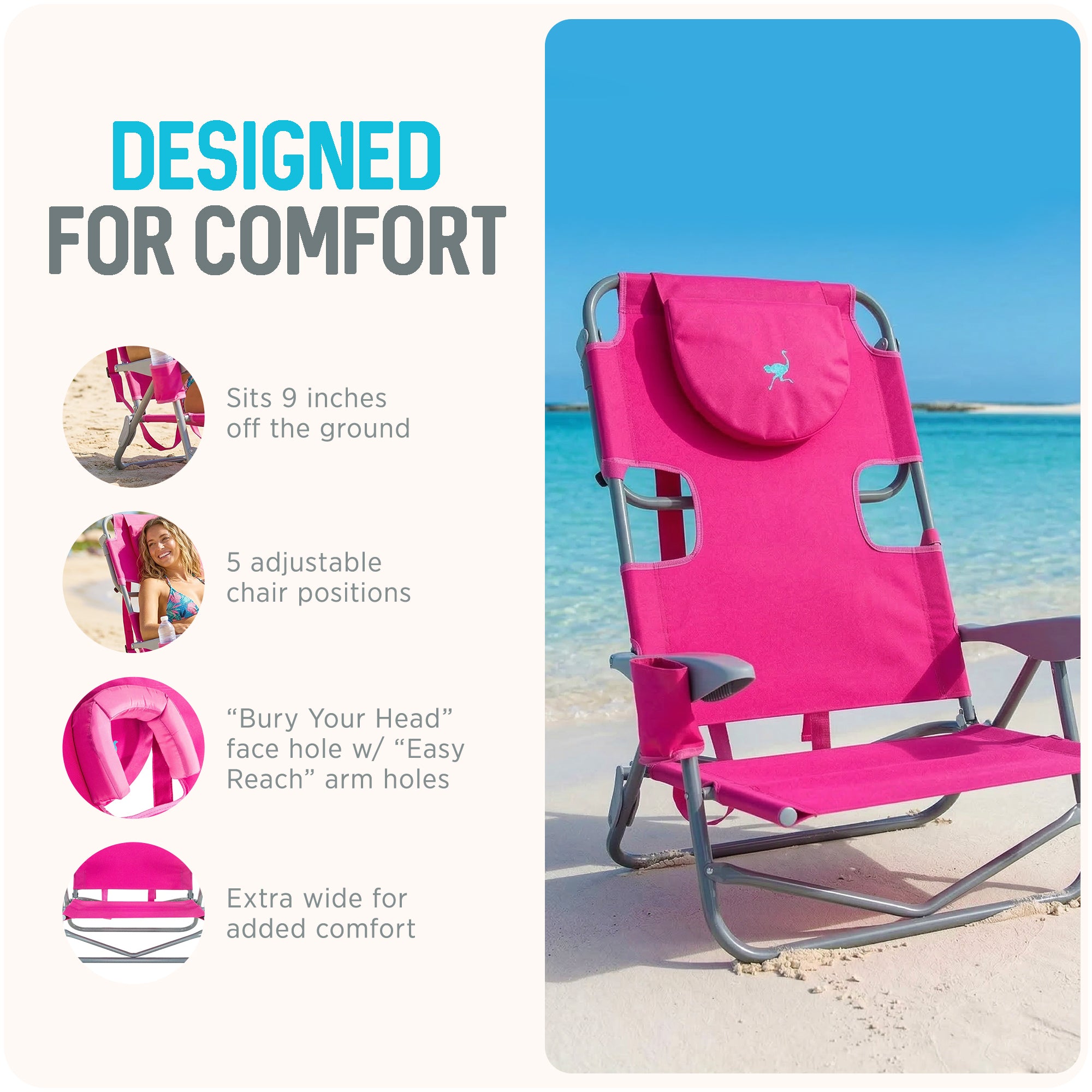 Ostrich On-Your-Back Outdoor Reclining Beach Pool Camping Chair, Pink (Open Box)