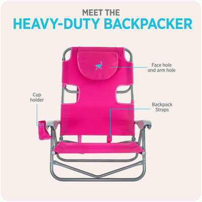 Ostrich On-Your-Back Outdoor Reclining Beach Pool Camping Chair, Pink (Open Box)