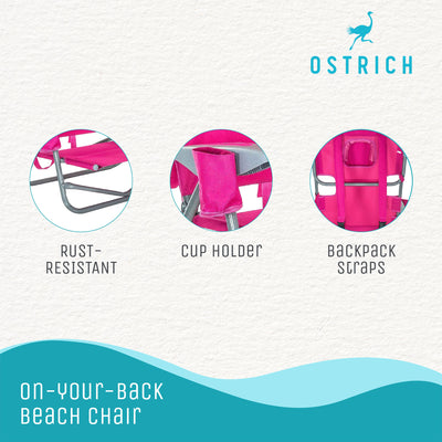 Ostrich On-Your-Back Outdoor Reclining Beach Pool Camping Chair, Pink (Open Box)