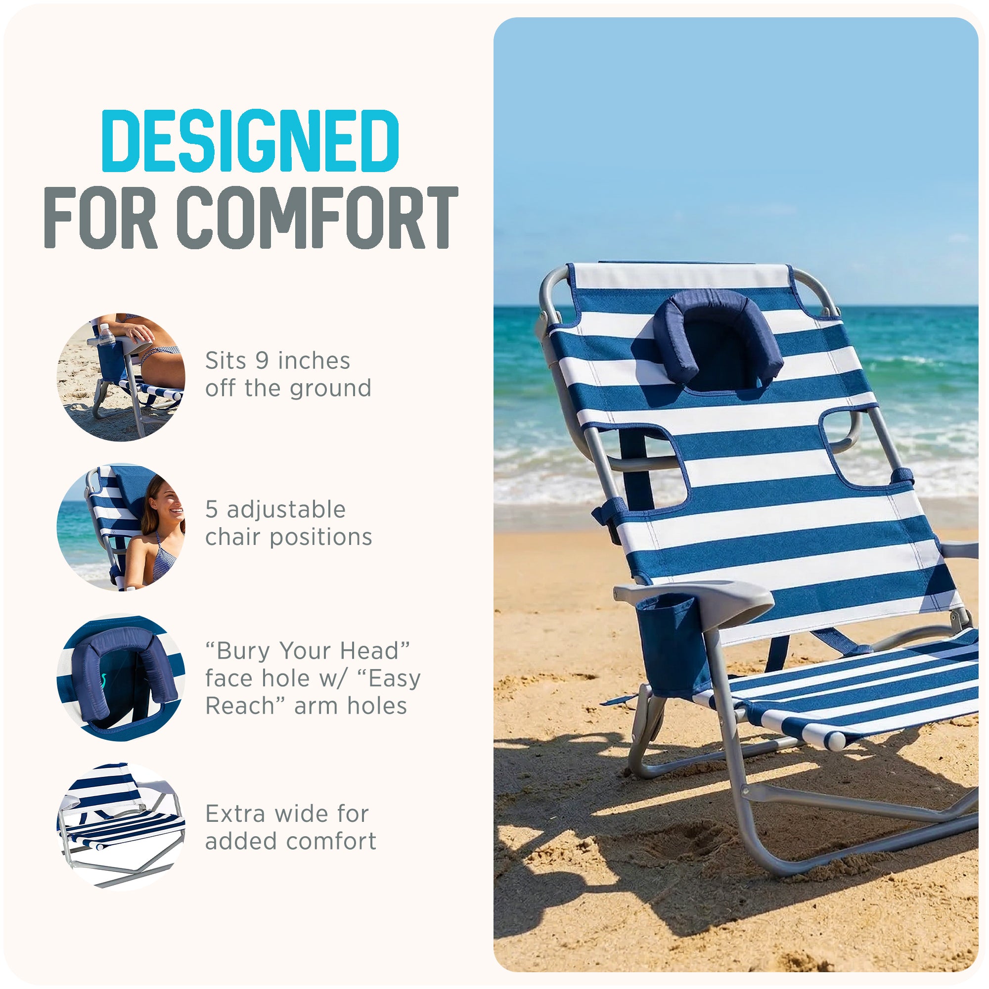 Ostrich On-Your-Back Outdoor Reclining Beach Pool Camp Chair, Stripe(Open Box)