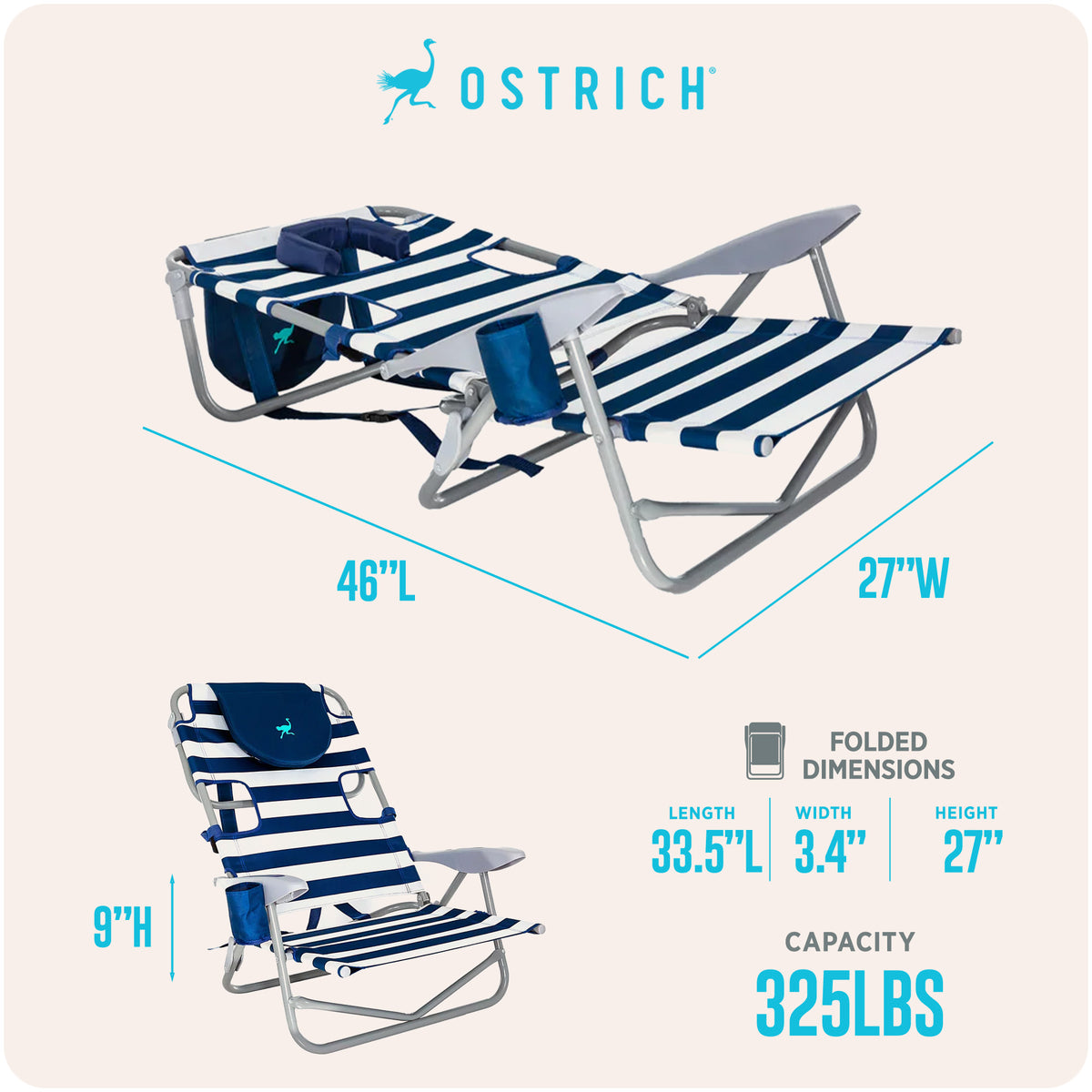 Ostrich Outdoor Lounge 5 Position Recline Beach Chair, Striped Blue (For Parts)