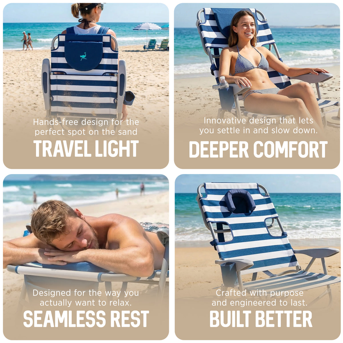 Ostrich On-Your-Back Outdoor Reclining Beach Pool Camp Chair, Stripe(Open Box)