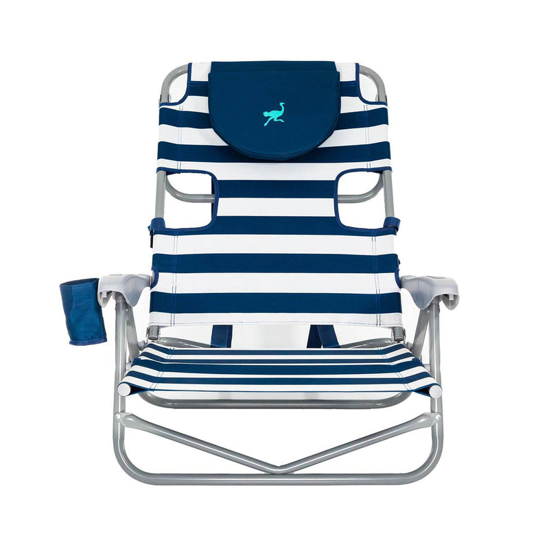 Ostrich On-Your-Back Lounge 5 Position Recline Beach Chair, Striped Blue (Used)