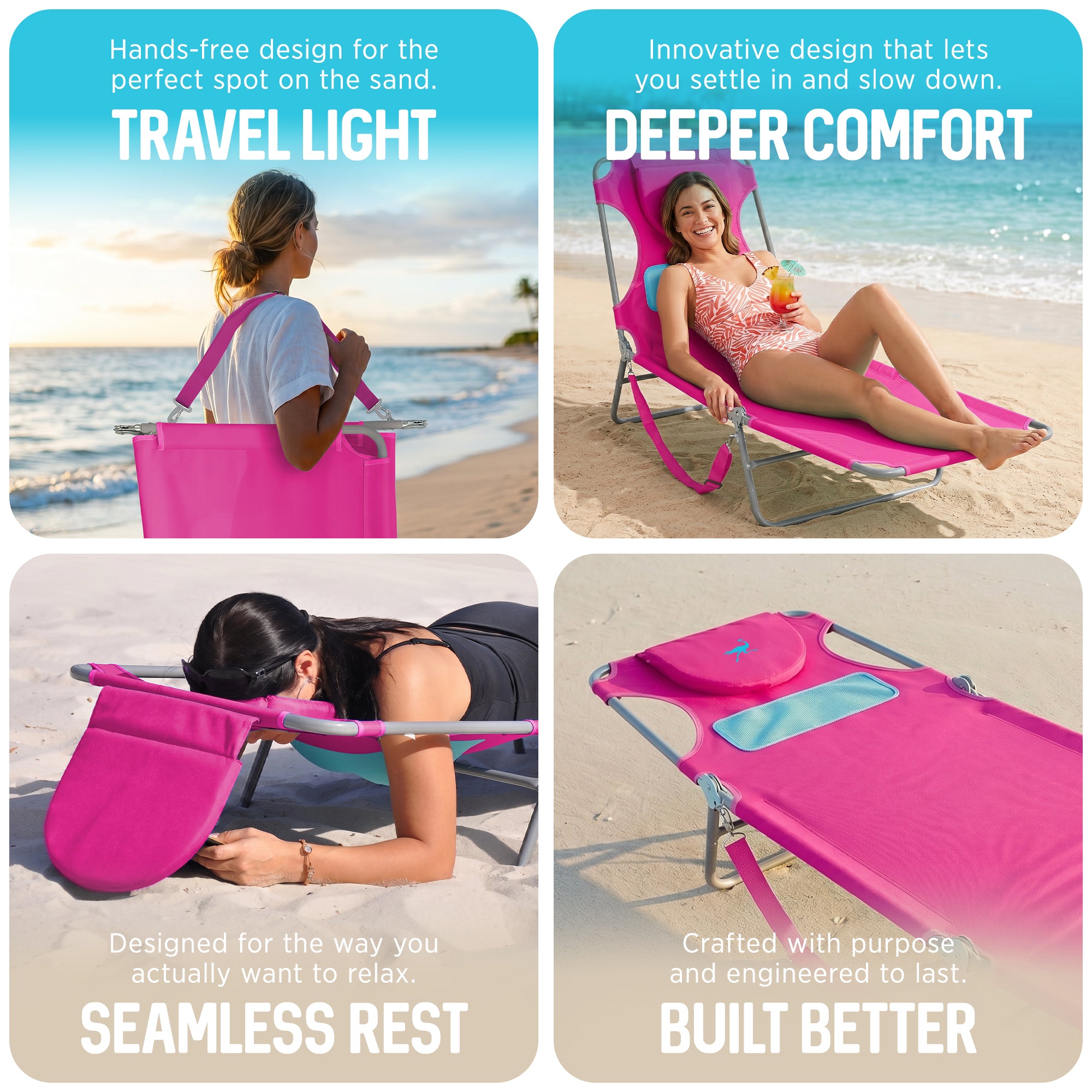 Ostrich Lounger Face Down Sunbathing Chaise Lounge Beach Chair, Pink (For Parts)