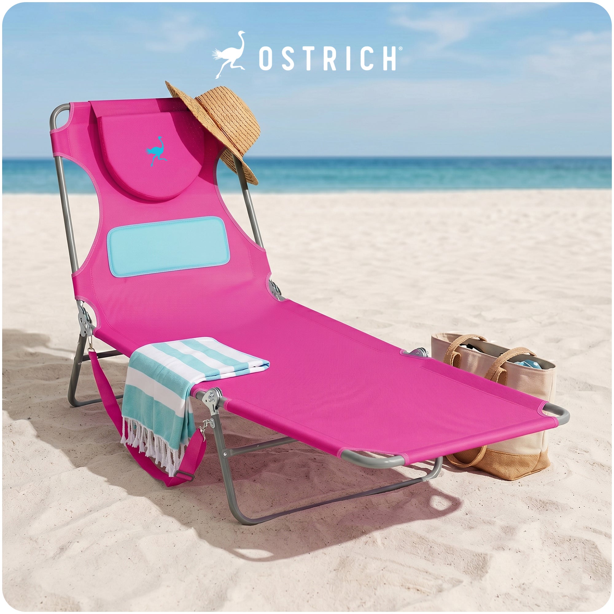 Ostrich Lounger Face Down Sunbathing Chaise Lounge Beach Chair, Pink (For Parts)