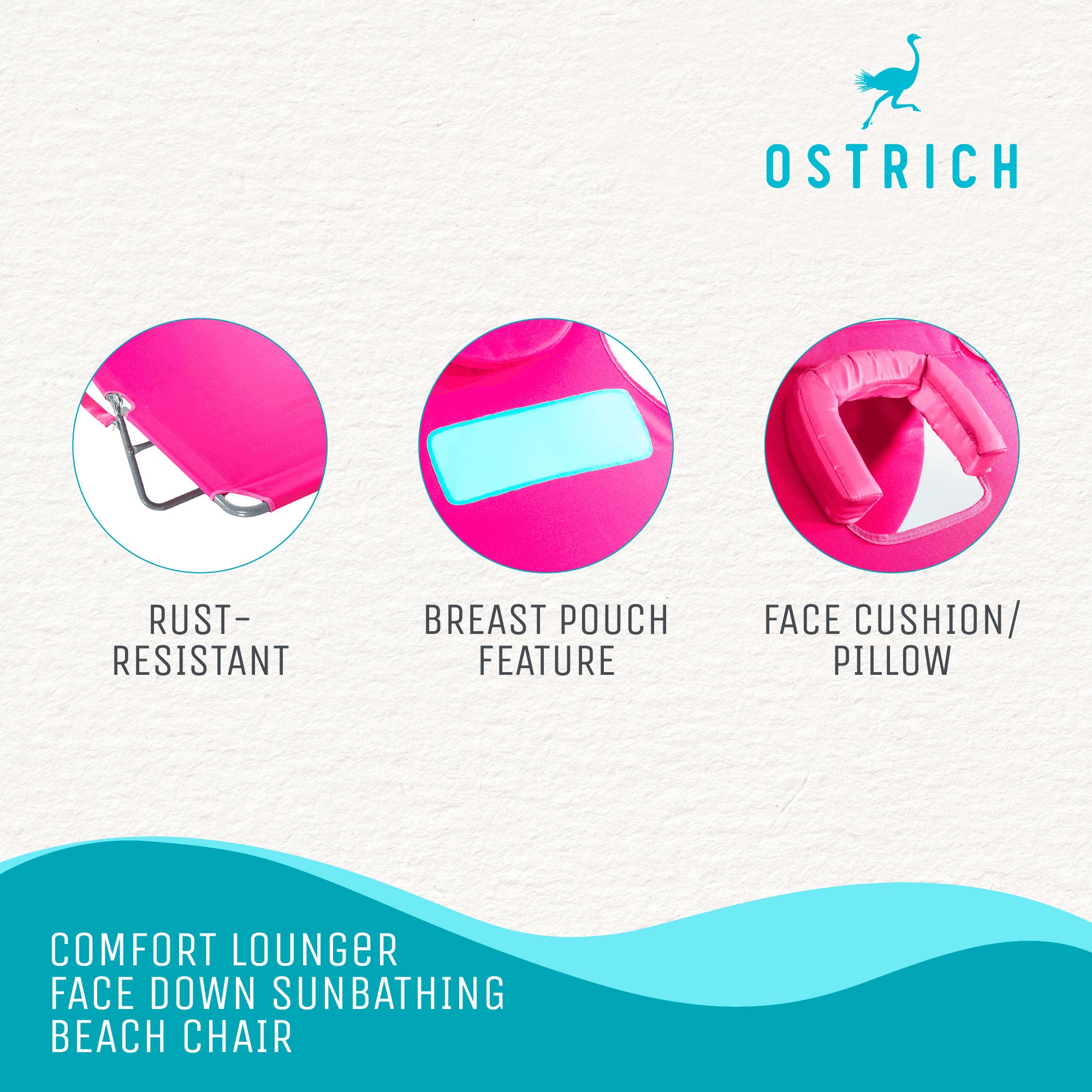 Ostrich Comfort Lounger Face Down Sunbathing Chaise Beach Chair, Pink (3 Pack)