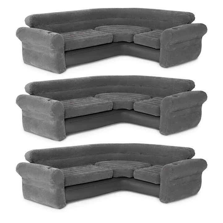 Intex Corner Sofa L-Shaped Inflatable Lounge Couch w/ Cupholders, Gray (3 Pack)