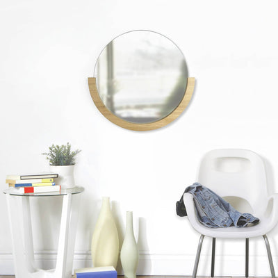 Umbra Round Circle Mira Decorative Wall Accent Mirror with Wood Frame, Natural