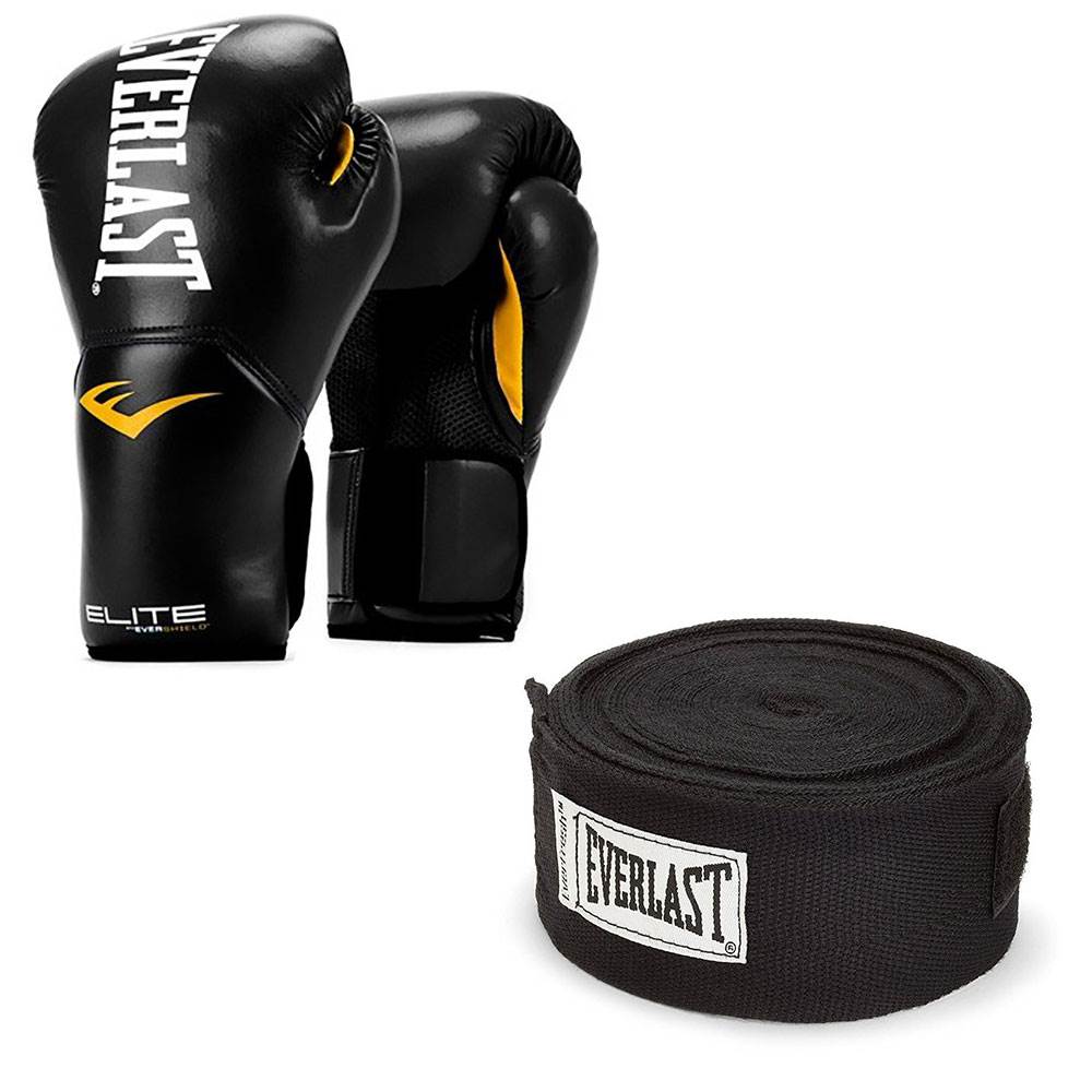 Everlast Black Elite Pro Style Boxing Gloves 14 ounce & Black 120" Hand Wraps