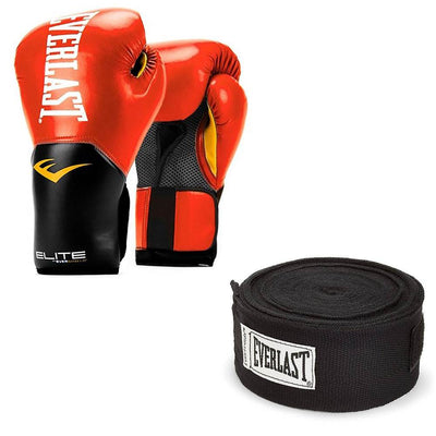 Everlast Red Elite Pro Style Boxing Gloves 12 ounce & Black 120 Inch Hand Wraps
