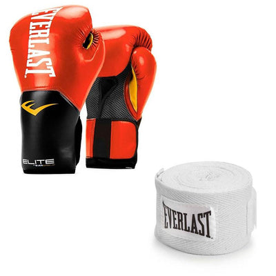 Everlast Red Elite Boxing Gloves 12 Ounce & White 120-Inch Hand Wraps