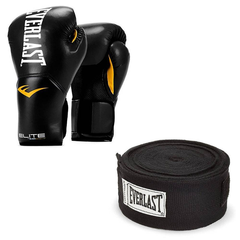 Everlast Black Elite Pro Style Boxing Gloves 12 Ounce & 120-Inch Hand Wraps