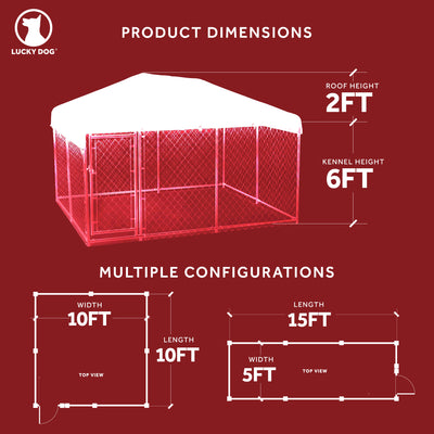 Lucky Dog 10 x 10 Ft Outdoor Steel Chain Link Dog Kennel & Waterproof Roof Cover - VMInnovations