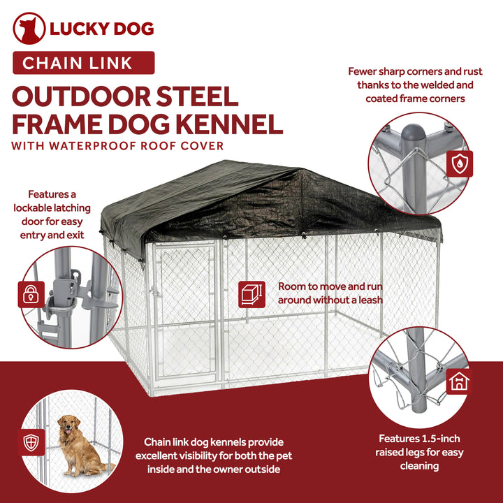 Lucky Dog 10 x 10 Ft Outdoor Steel Chain Link Dog Kennel & Waterproof Roof Cover - VMInnovations