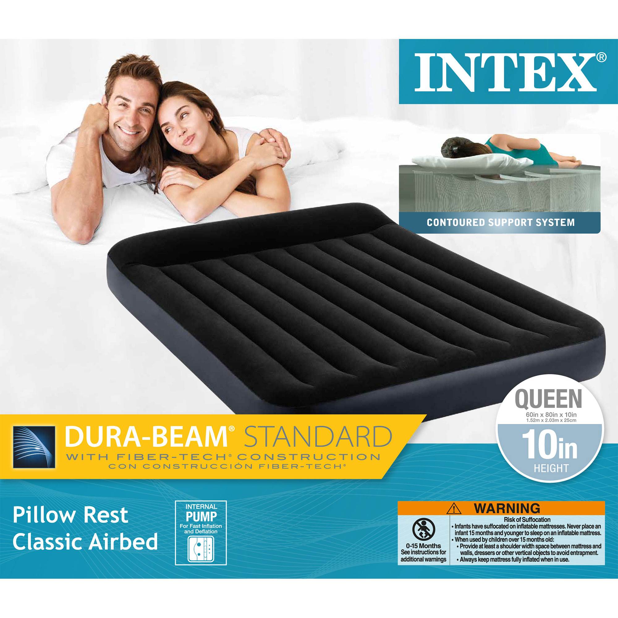 Intex Dura Beam Standard Pillow Rest Classic Airbed Mattress, Queen & Cover - VMInnovations
