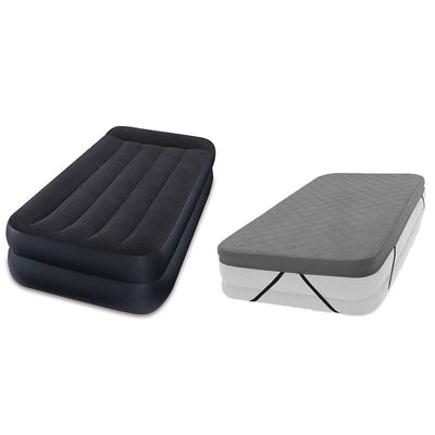 Intex Dura Beam Pillow Rest Airbed Mattress w/ Built In Pump, Twin & Bed Cover