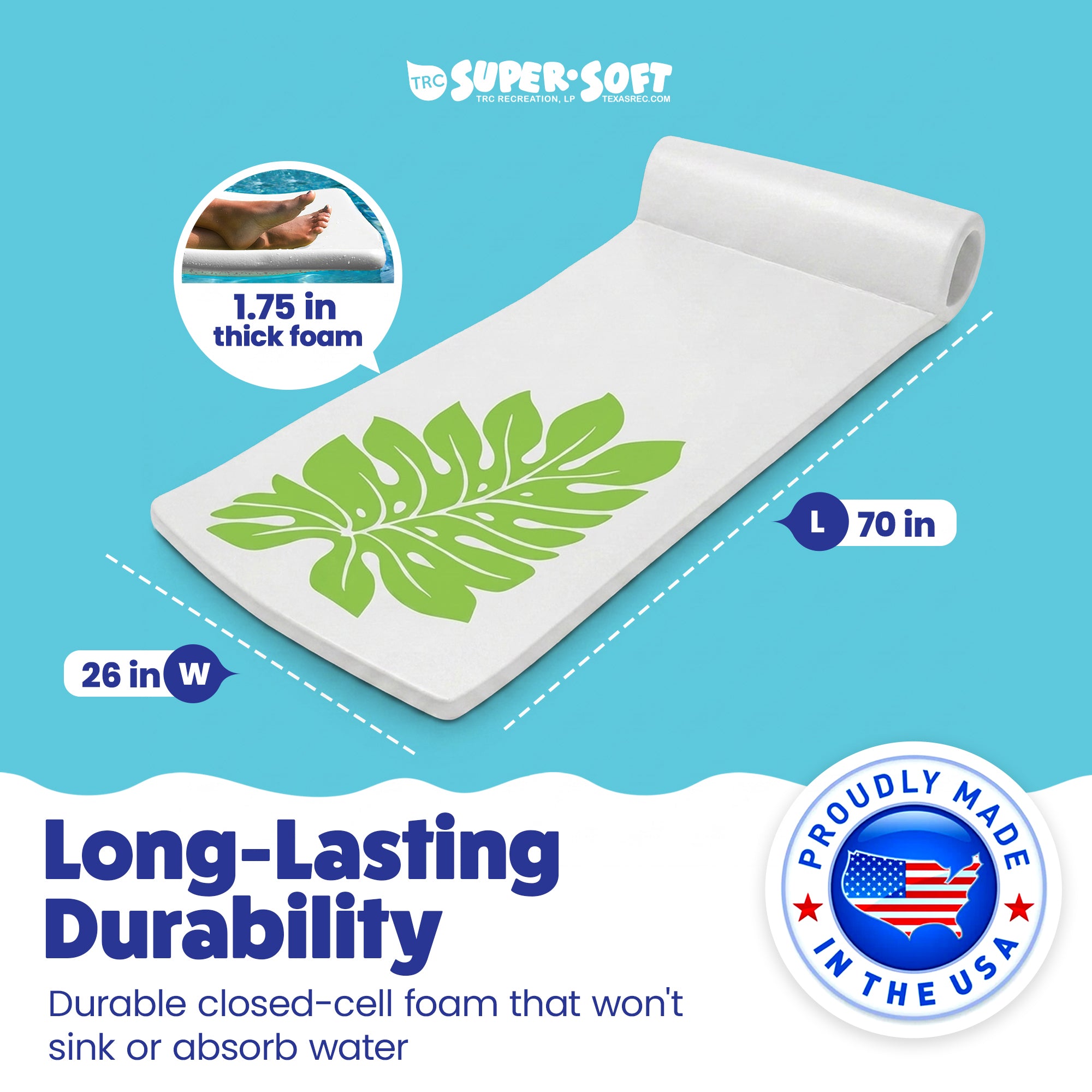 Texas Recreation Sunsation 70 In. Foam Raft Lounger Pool Float, White (2 Pack)