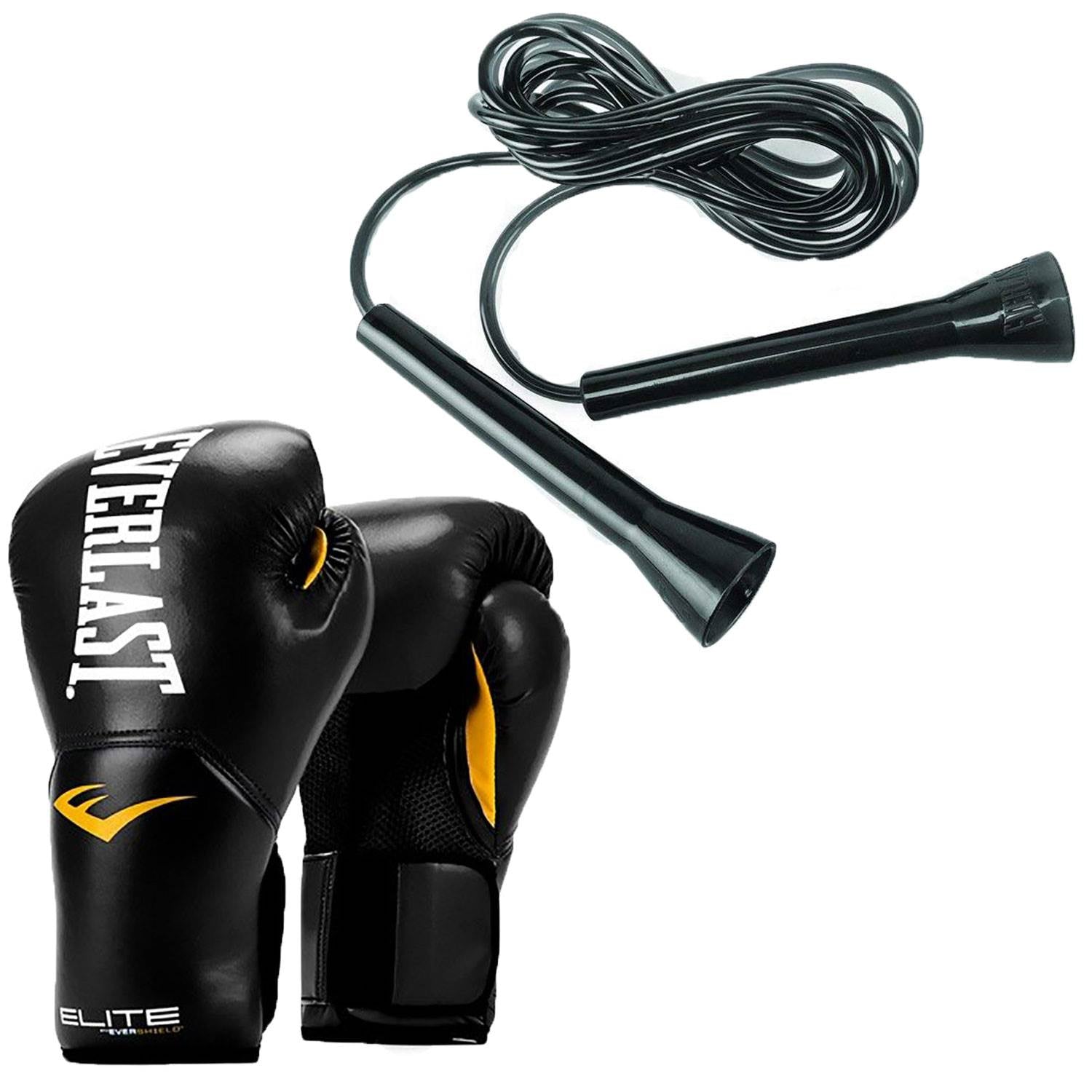 Everlast Elite Pro Style Boxing Gloves Size 8 Ounces & 11 Foot Jump Rope, Black
