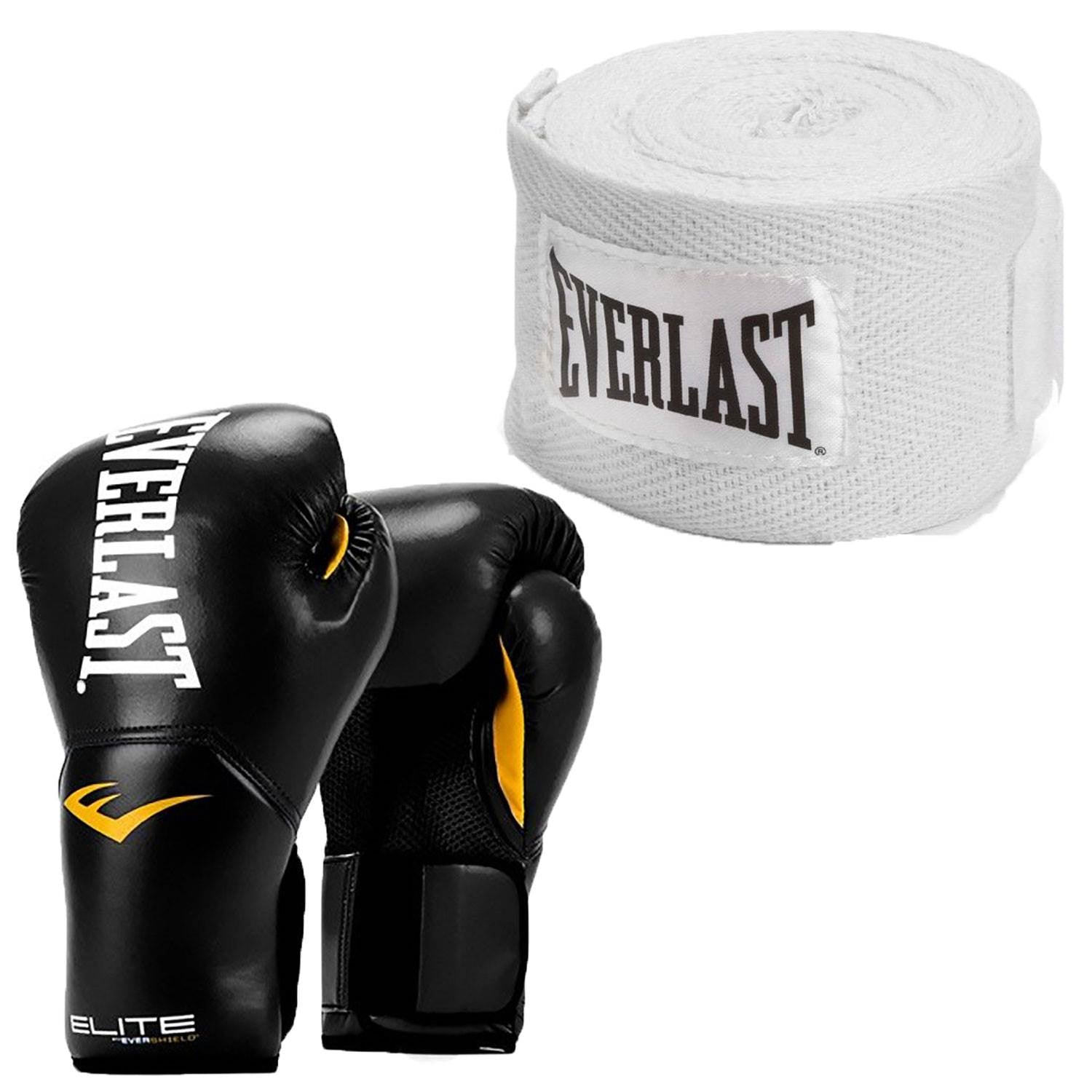 Everlast Black Elite Pro Style Boxing Gloves 8 Ounce & White 120-Inch Hand Wraps
