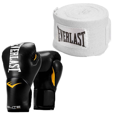 Everlast Black Elite Pro Style Boxing Gloves 8 Ounce & White 120-Inch Hand Wraps