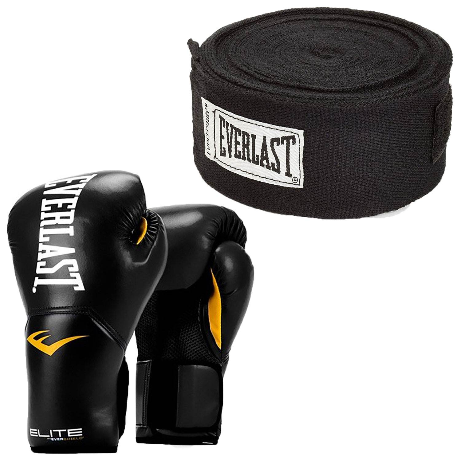Everlast Black Elite Pro Style Boxing Gloves 8 Ounce & Black 120-Inch Hand Wraps