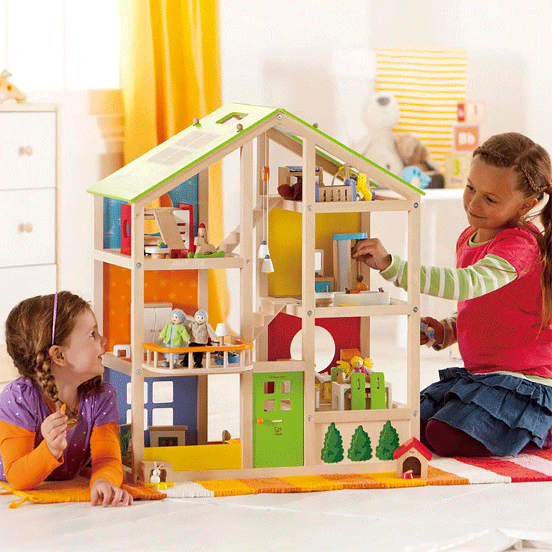 Hape All Season House Kids Toy Wooden Dollhouse w/ Furniture & Doll Toy Set