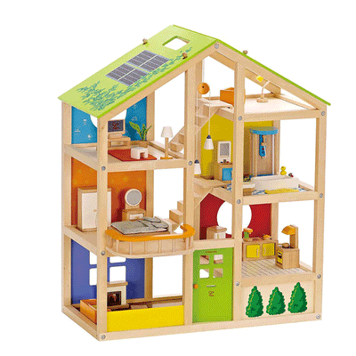Hape All Season House Kids Toy Wooden Dollhouse w/ Furniture & Doll Toy Set