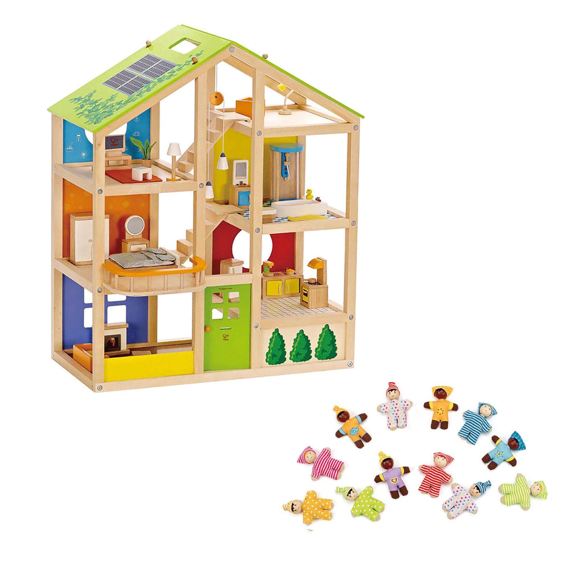 Hape All Season House Kids Toy Wooden Dollhouse w/ Furniture & Doll Toy Set