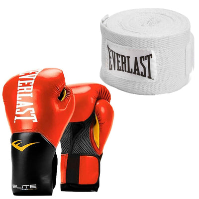 Everlast Red Elite Boxing Gloves 16 Ounce & White 120-Inch Hand Wraps