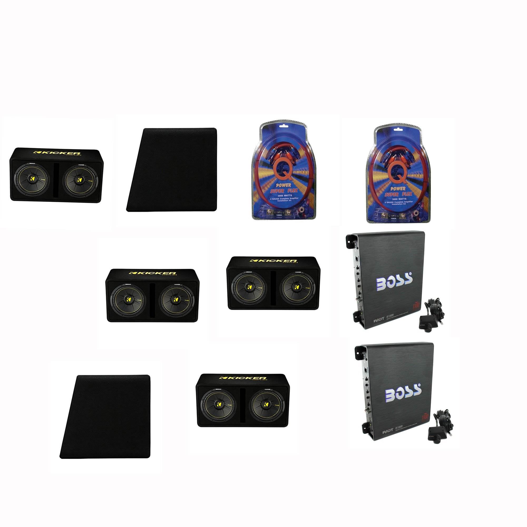 Q Power Wiring Kit (2 Pack) & Sub Box & Boss Mono (2 Pack) & Capacitor (2 Pack)