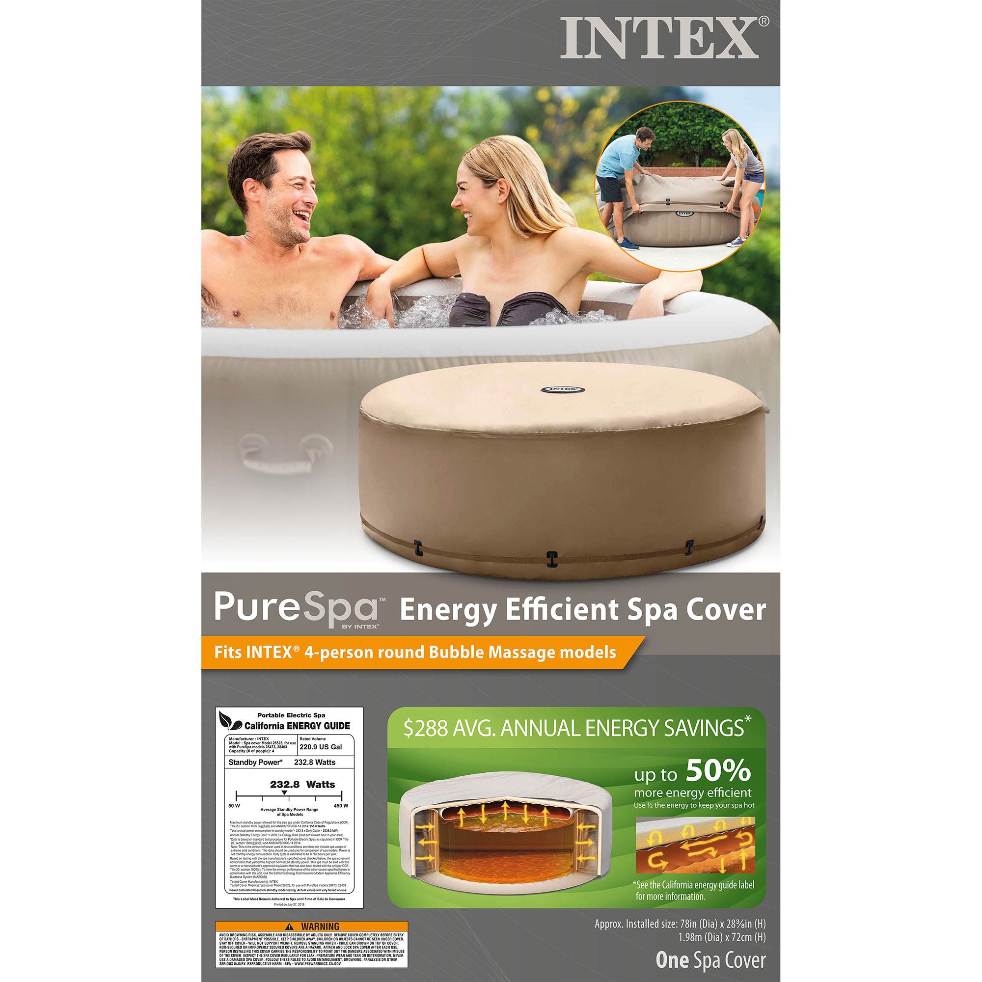 Intex PureSpa Plus Inflatable Bubble Jet Spa, 77" x 28" & Energy Efficient Cover
