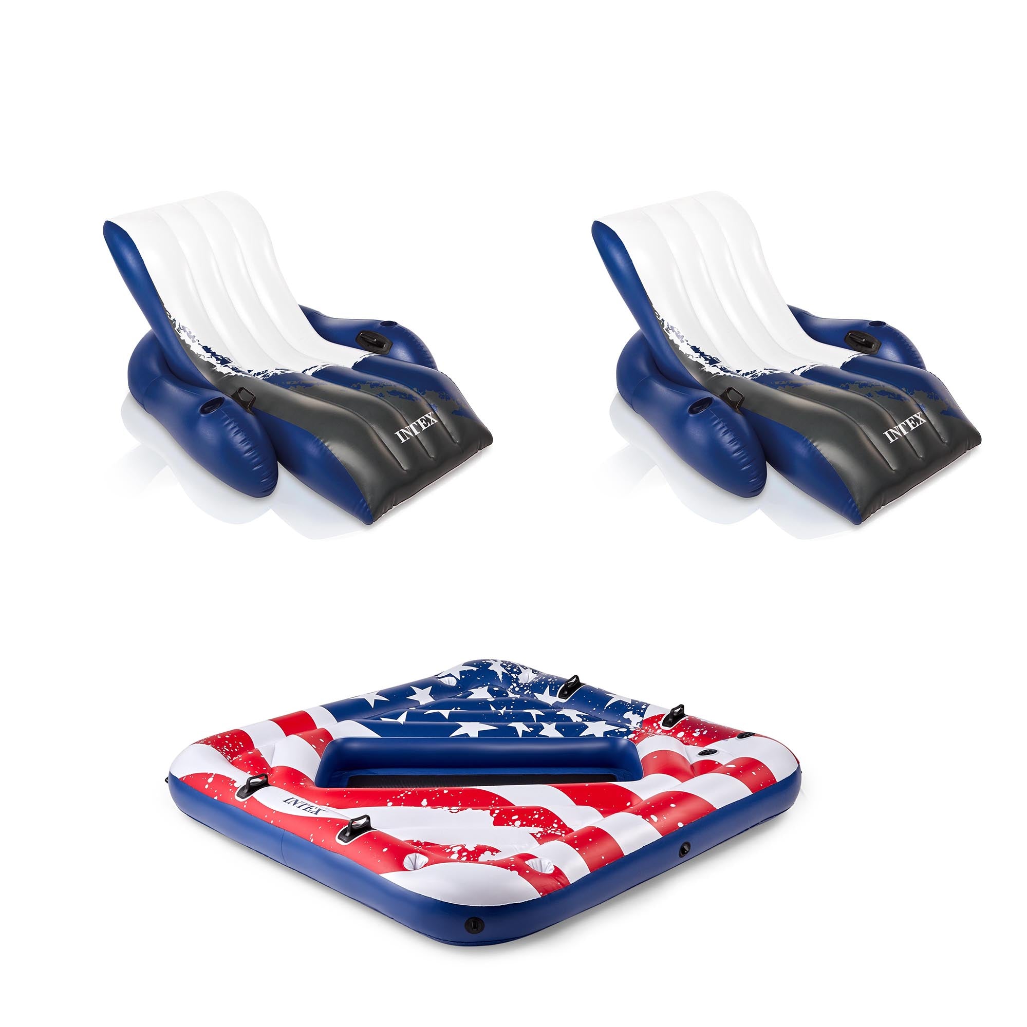 Intex Inflatable American Flag 2 Person Pool Float w/ Floating Lounger (2 Pack)