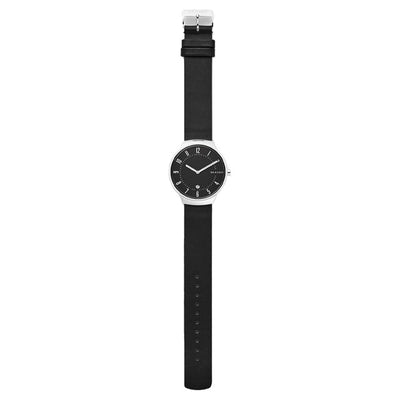 Skagen Grenen 38mm Mens Watch w/ Black Dial & Black Leather Strap (Open Box)