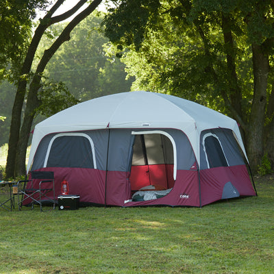 CORE Straight Wall 14 x 10 Foot 10 Person Cabin Tent with 2 Rooms & Rainfly, Red
