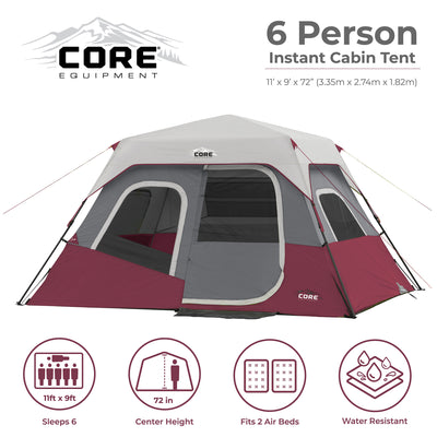 CORE 11 x 9 Foot 6 Person Cabin Tent with Air Vents and Loft, Red (For Parts) - VMInnovations