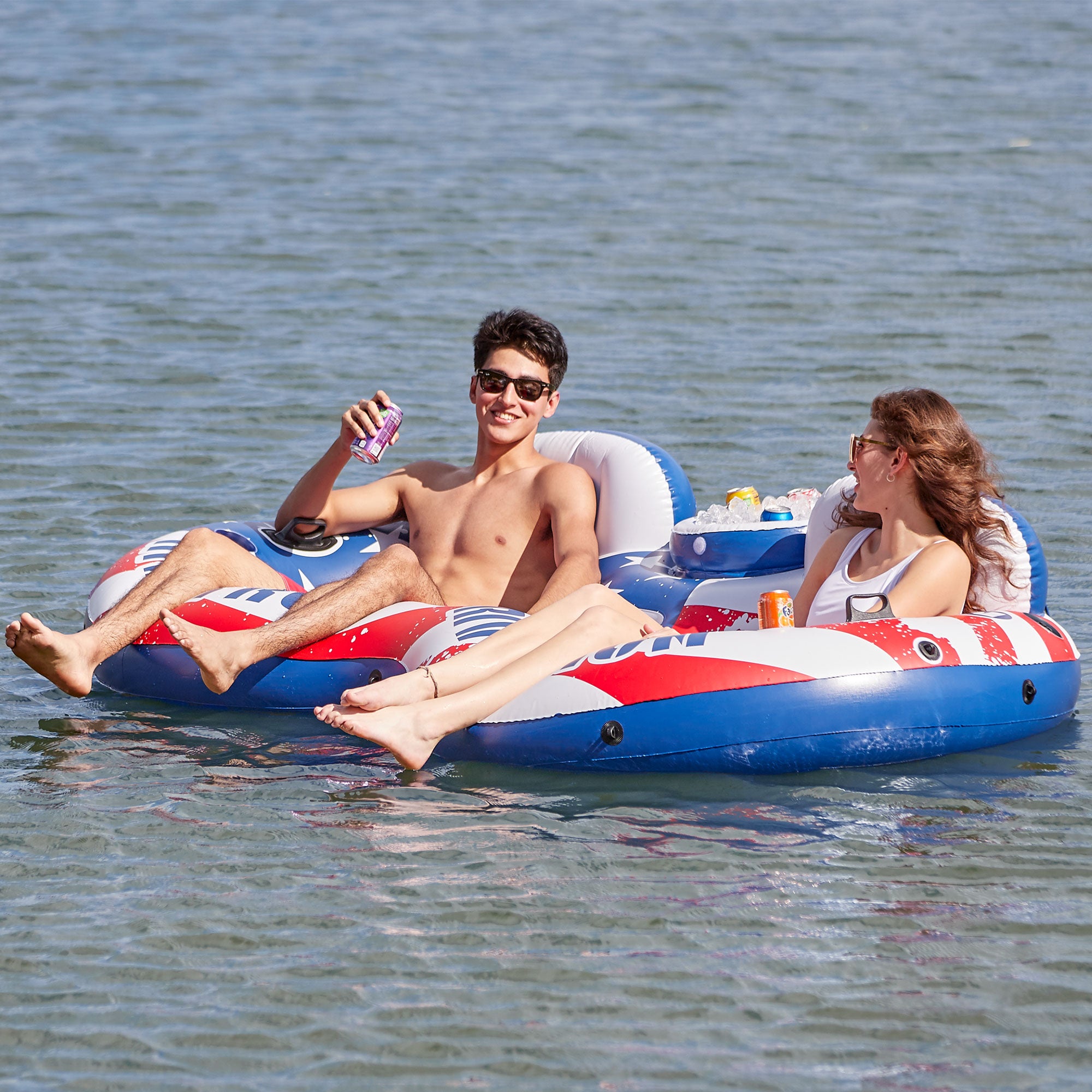 Intex Inflatable American Flag 2 Person Pool Tube Float w/ Cooler (Open Box) - VMInnovations