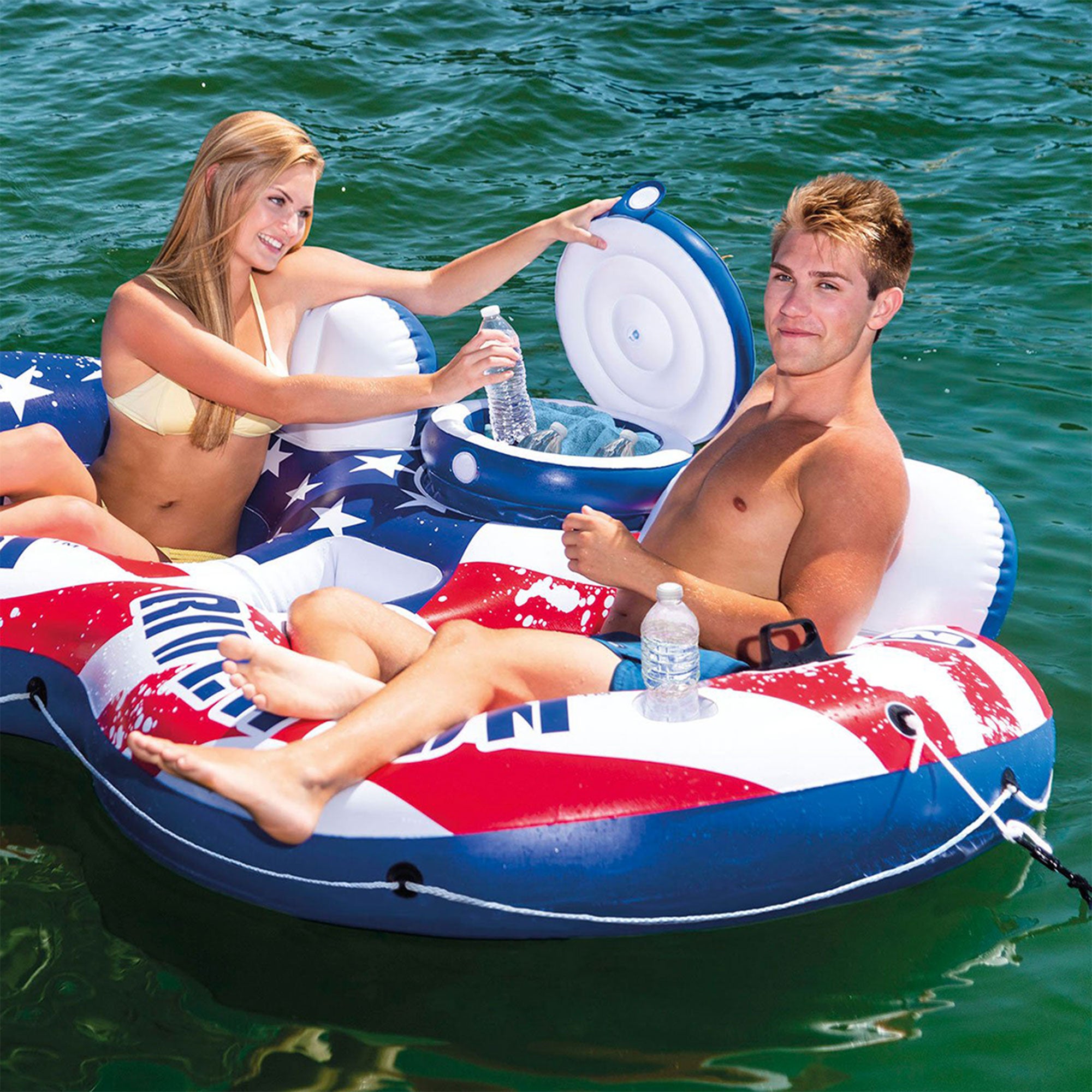 Intex Inflatable American Flag 2 Person Pool Tube Float w/ Cooler (Open Box) - VMInnovations