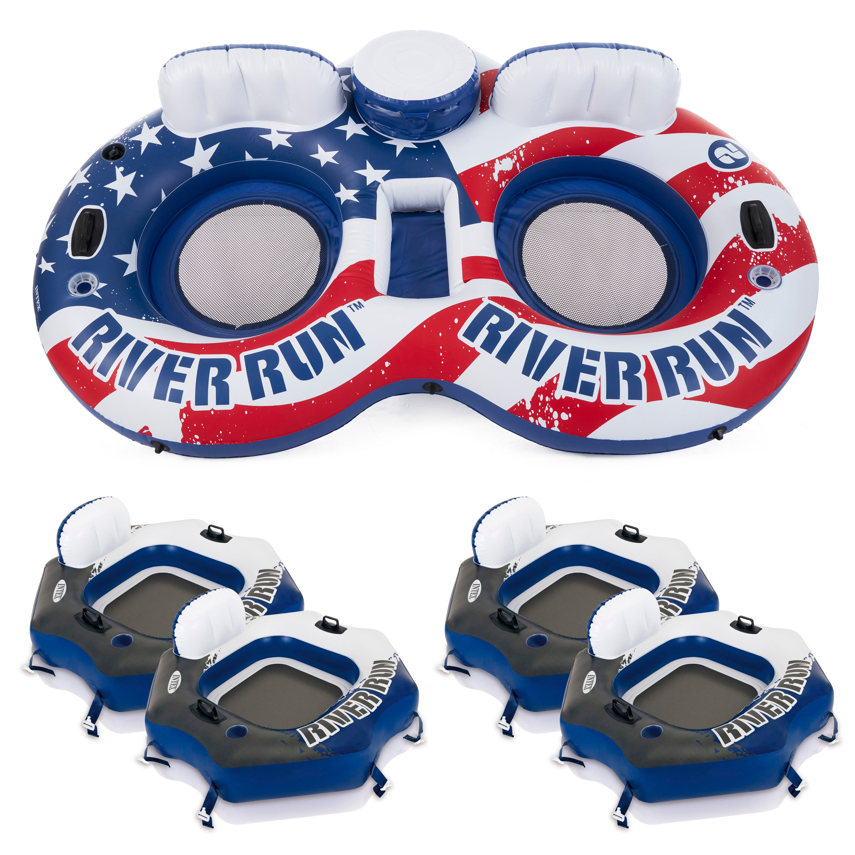Intex American Flag 2 Person Float w/ River Run 1 Person Tube, Blue (4 Pack) - VMInnovations