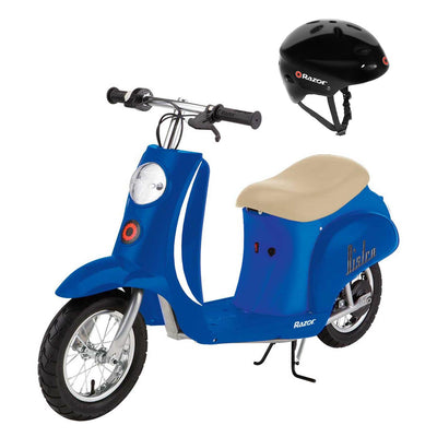 Razor Pocket Mod Mini Euro 24V 250W Electric Kids Retro Scooter w/ Helmet, Blue