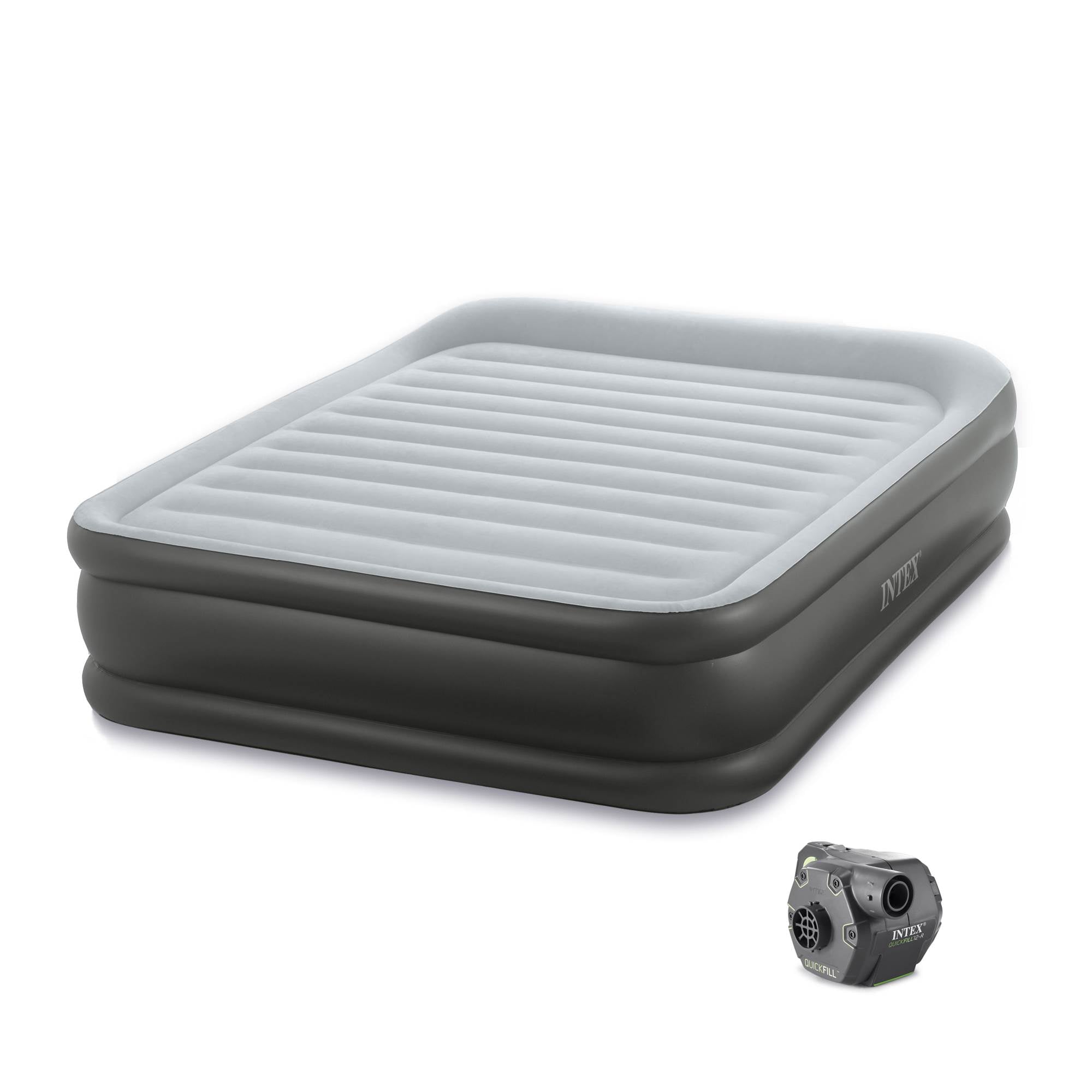 Intex Queen Deluxe Pillow Rest Airbed Mattress w/ Built In Pump & Cordless Pump
