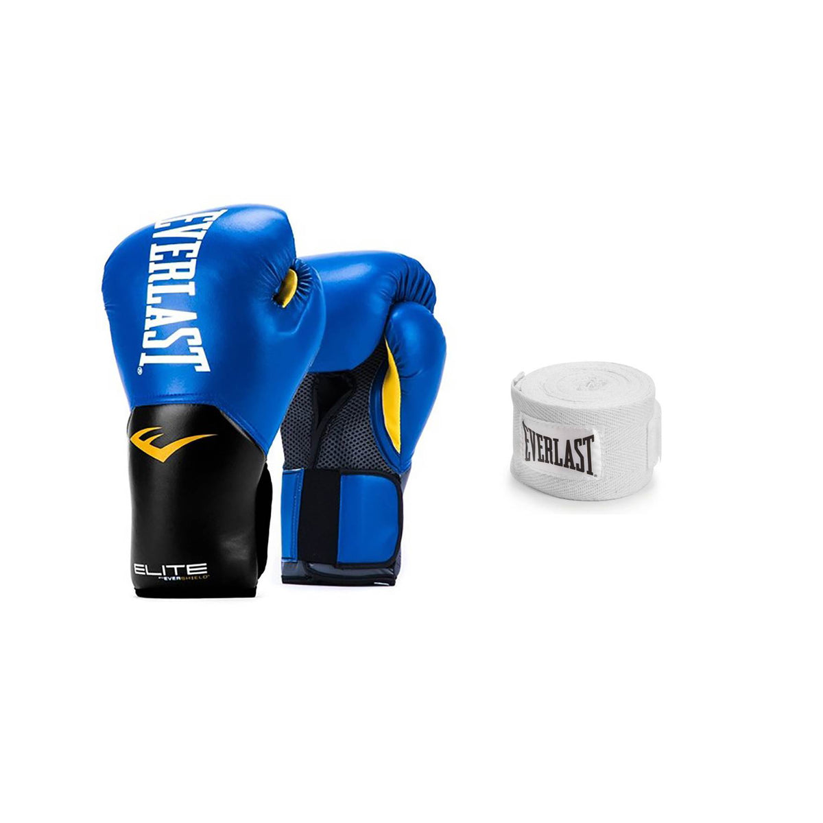 Everlast Blue Elite Boxing Gloves 8 Ounce & White 120-Inch Hand Wraps
