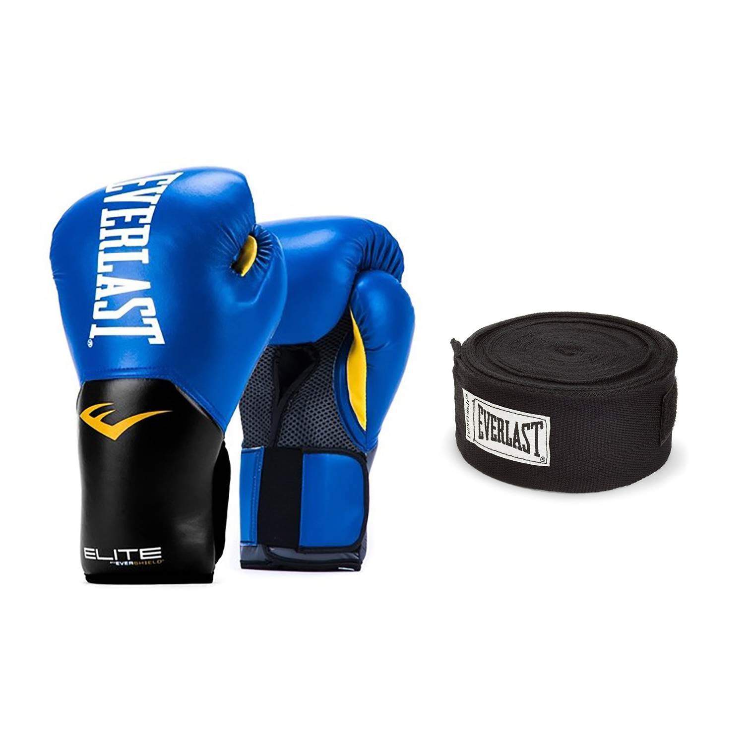 Everlast Blue Elite Pro Style Boxing Gloves 8 ounce & Black 120 Inch Hand Wraps