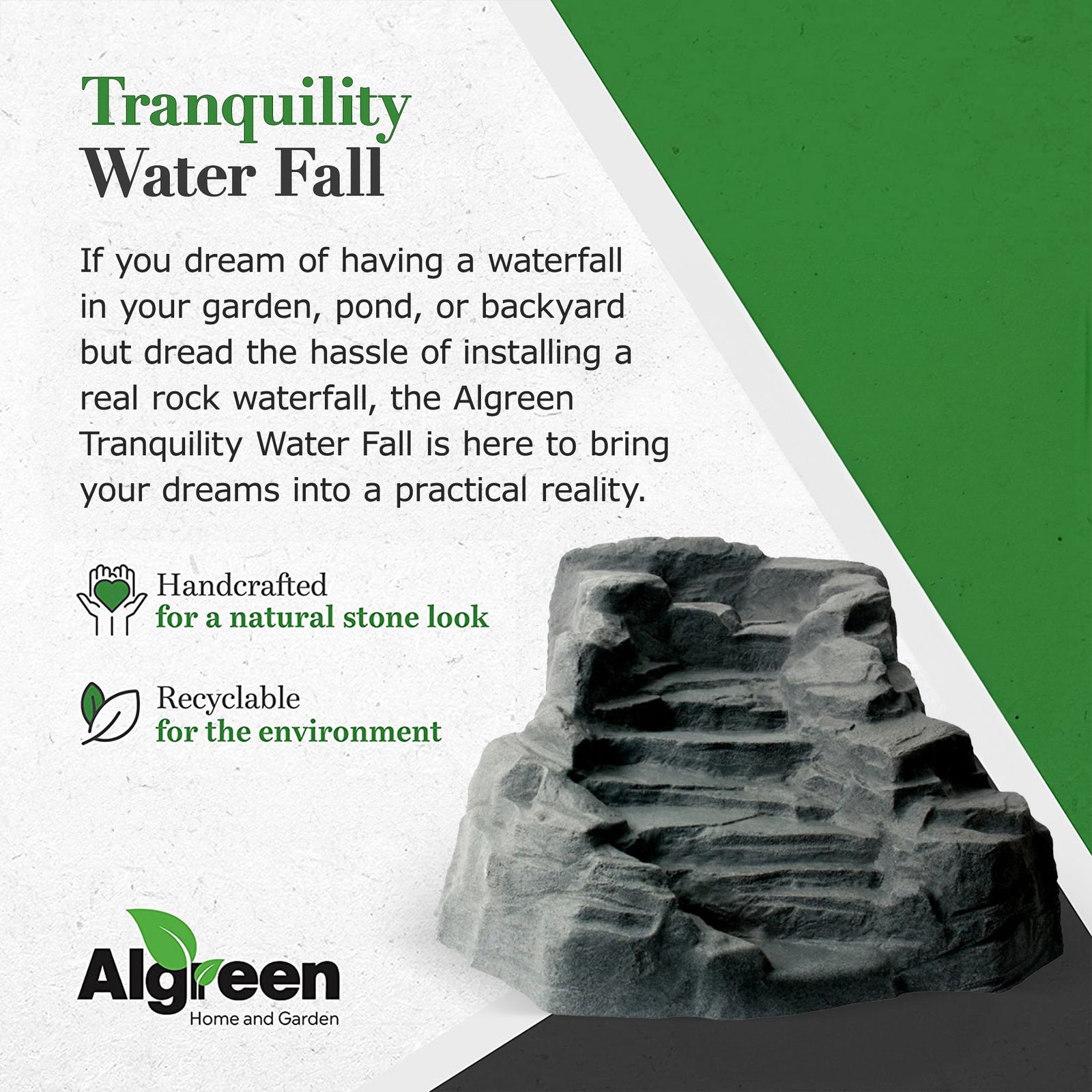 Algreen Tranquility Preformed Garden Pond Waterfall, Charcoalstone (Open Box) - VMInnovations
