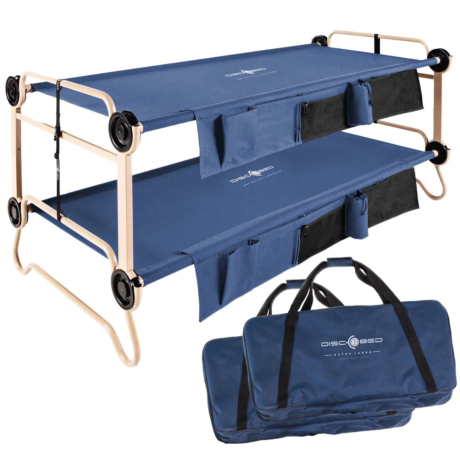 Disc-O-Bed X Large Cam-O-Bunk Benchable Double Cot with Storage Organizers, Navy - VMInnovations